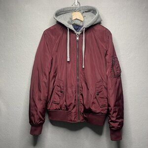 Express Women's Burgundy Bomber Jacket With Gray Hood Lined S/P
